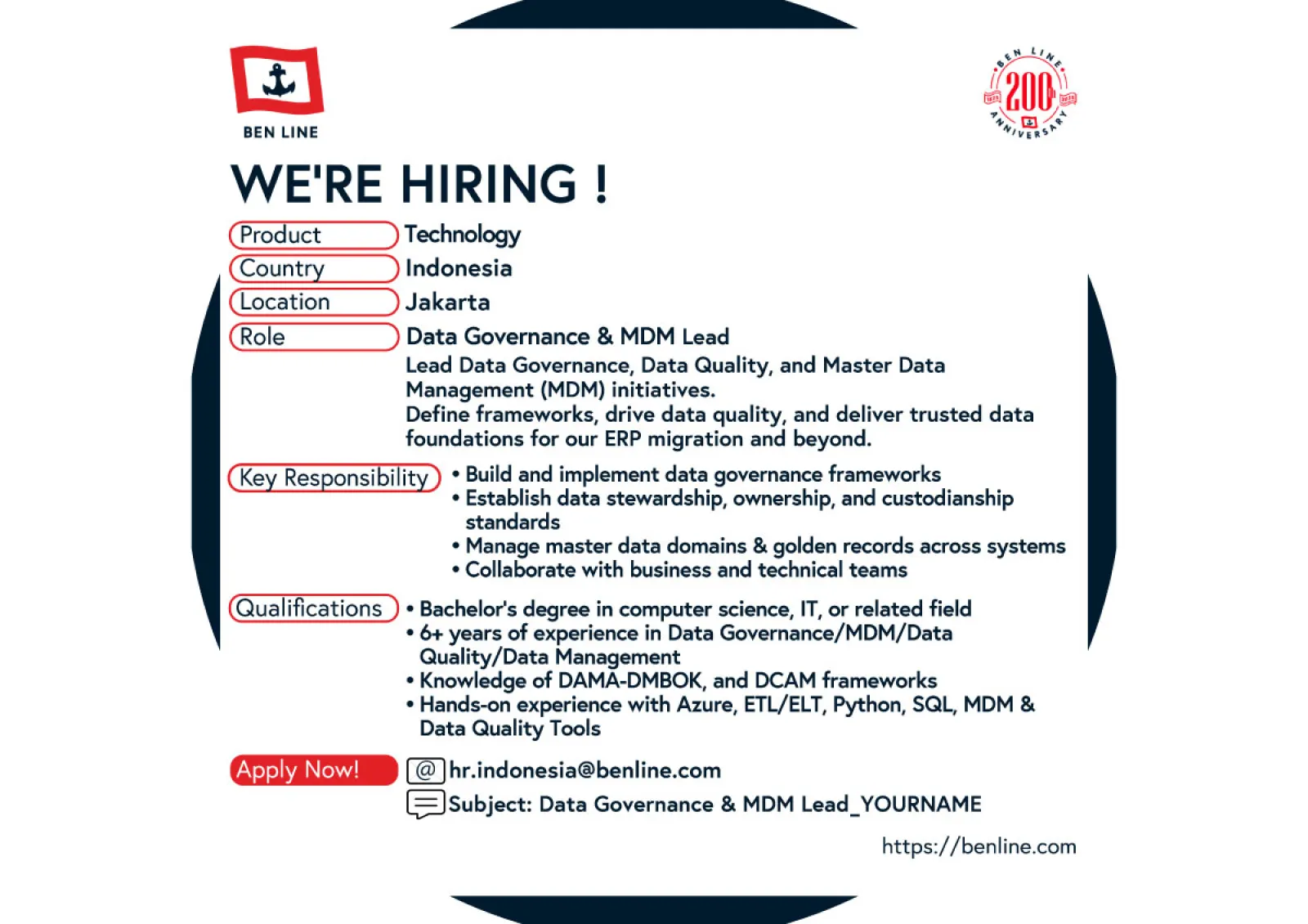 Illustration for We’re Hiring! Data Governance & MDM Lead – Jakarta, Indonesia | Ben Line 